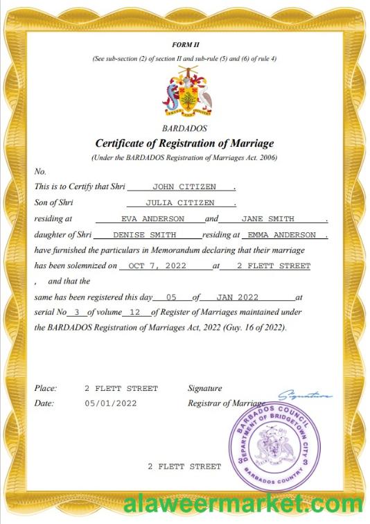 Barbados marriage certificate Word and PDF template